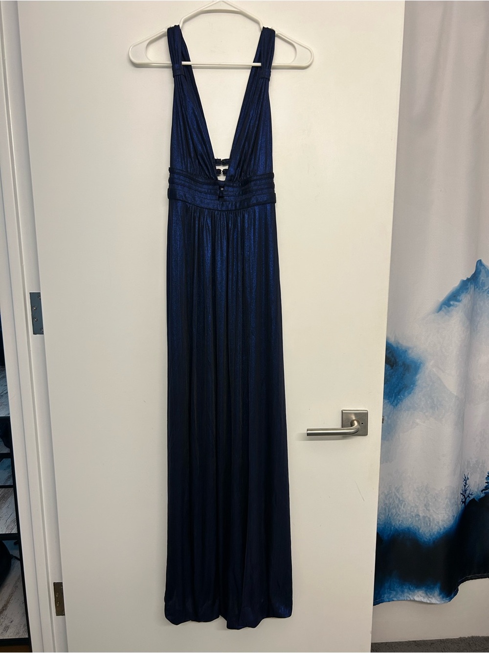 Betsy & Adam Shimmery Navy Pleated Evening Dress